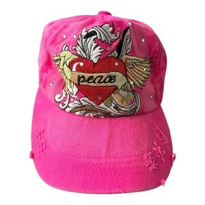 Y2K Cheveux Pink Rhinestone Peace Heart Embroidered Dad Hat Ed Hardy Style Cap